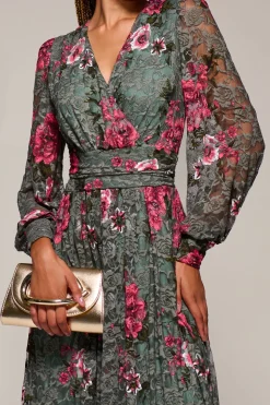 Long Sleeve Printed Lace Midaxi Dress, Green Floral