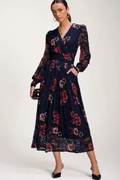 Long Sleeve Printed Lace Midaxi Dress, Navy Floral