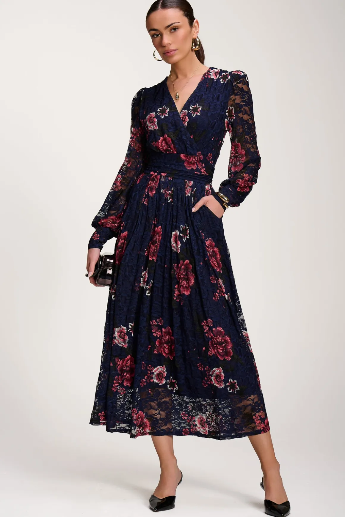 Long Sleeve Printed Lace Midaxi Dress, Navy Floral