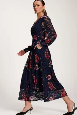 Long Sleeve Printed Lace Midaxi Dress, Navy Floral