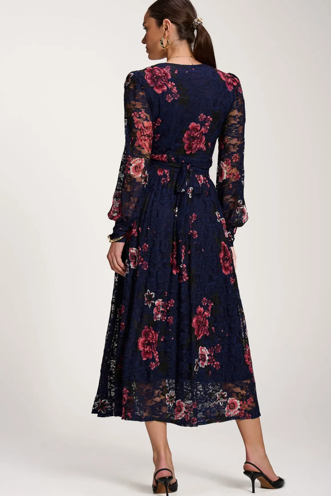 Long Sleeve Printed Lace Midaxi Dress, Navy Floral