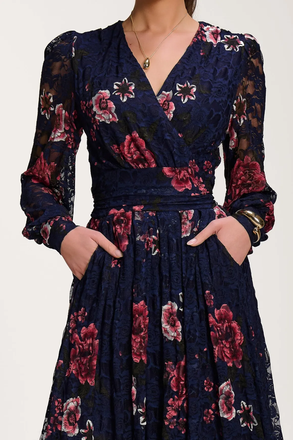 Long Sleeve Printed Lace Midaxi Dress, Navy Floral