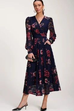 Long Sleeve Printed Lace Midaxi Dress, Navy Floral