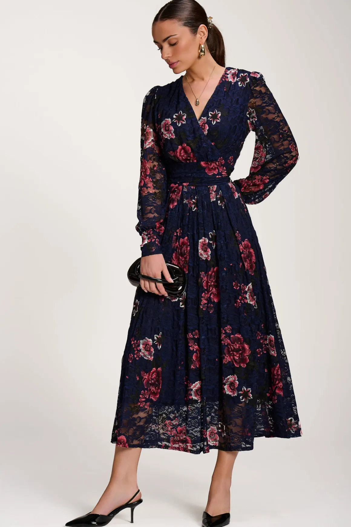 Long Sleeve Printed Lace Midaxi Dress, Navy Floral