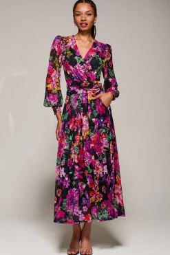Long Sleeve Printed Lace Midaxi Dress Purple Floral