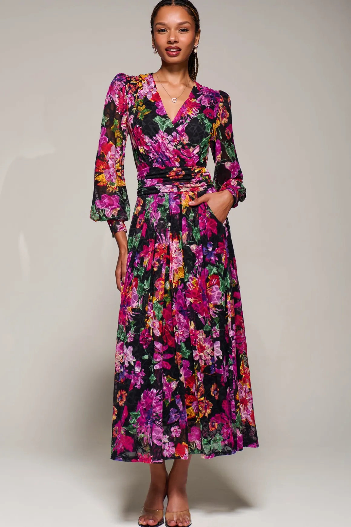Long Sleeve Printed Lace Midaxi Dress Purple Floral