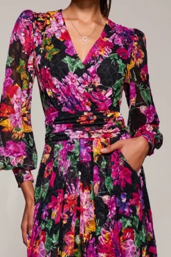 Long Sleeve Printed Lace Midaxi Dress Purple Floral