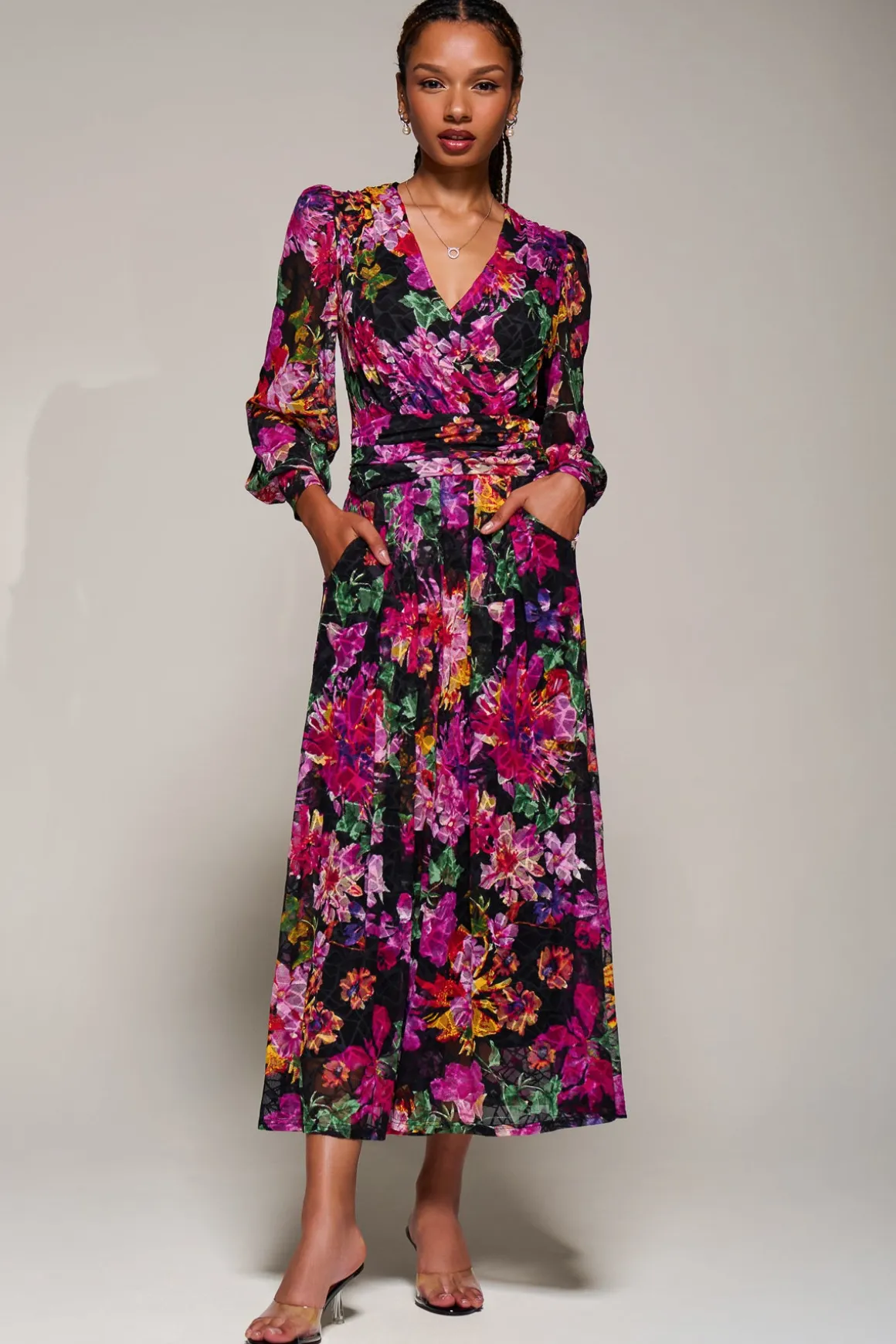 Long Sleeve Printed Lace Midaxi Dress Purple Floral
