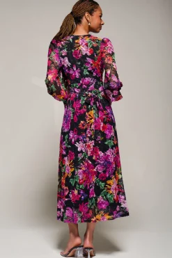Long Sleeve Printed Lace Midaxi Dress Purple Floral