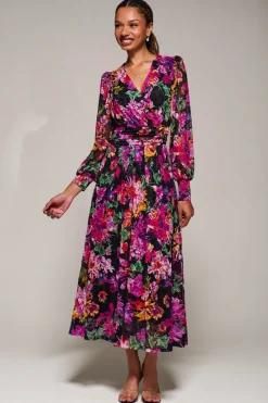 Long Sleeve Printed Lace Midaxi Dress Purple Floral