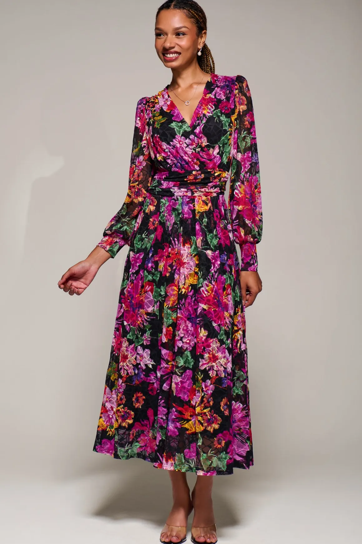 Long Sleeve Printed Lace Midaxi Dress Purple Floral