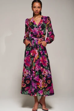 Long Sleeve Printed Lace Midaxi Dress Purple Floral