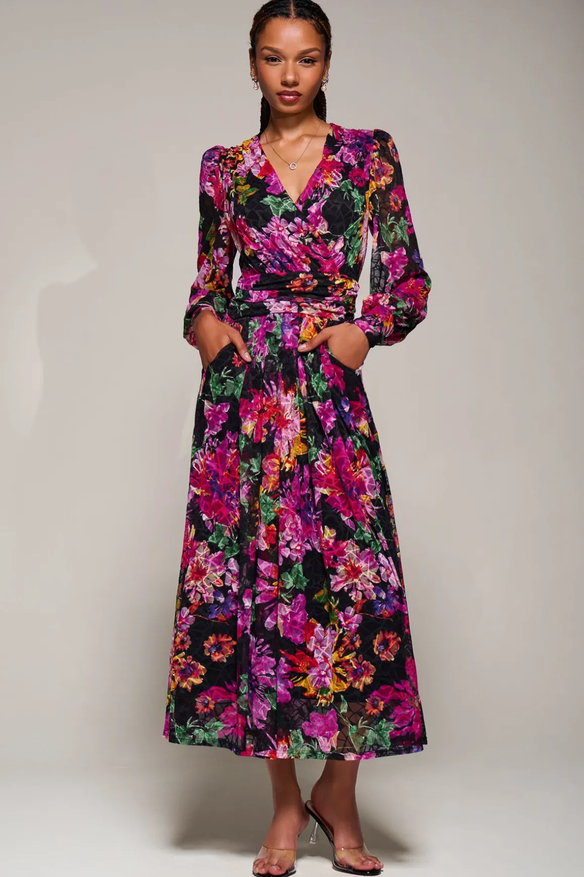 Long Sleeve Printed Lace Midaxi Dress Purple Floral