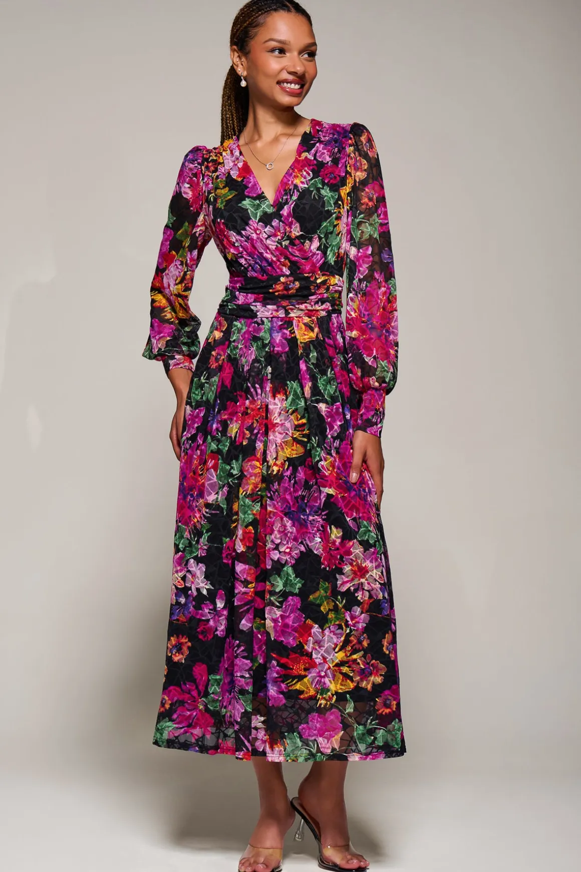 Long Sleeve Printed Lace Midaxi Dress Purple Floral