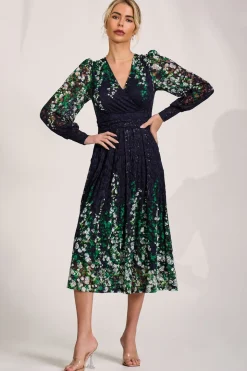 Long Sleeve Printed Lace Midi Dress, Green Multi