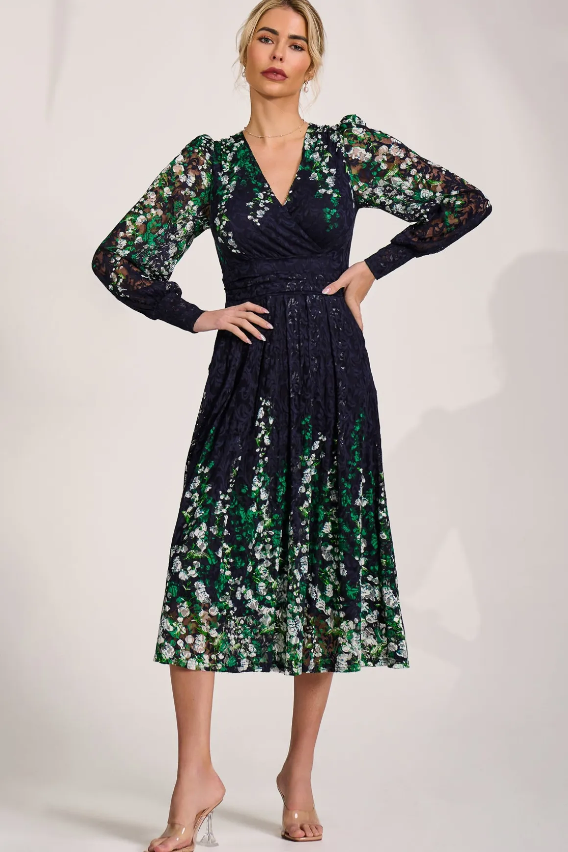 Long Sleeve Printed Lace Midi Dress, Green Multi