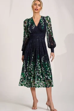 Long Sleeve Printed Lace Midi Dress, Green Multi