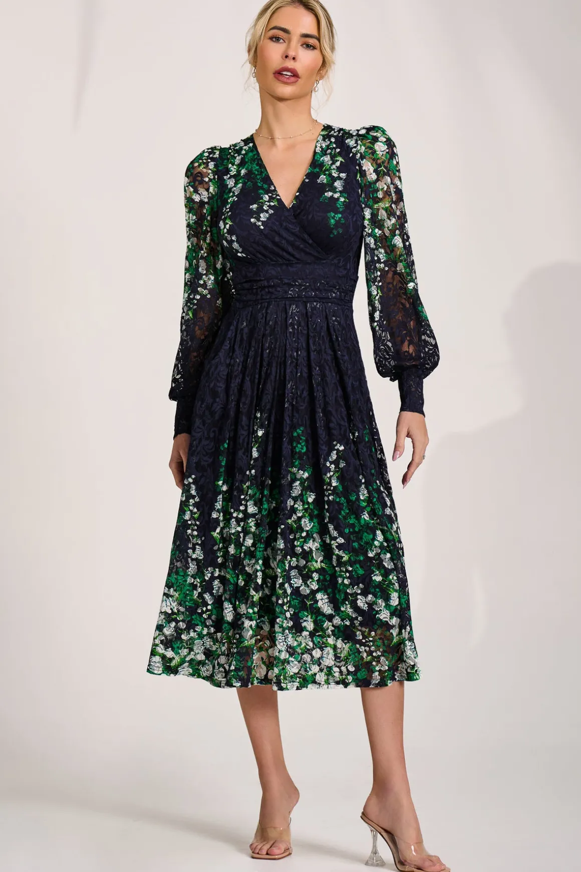 Long Sleeve Printed Lace Midi Dress, Green Multi