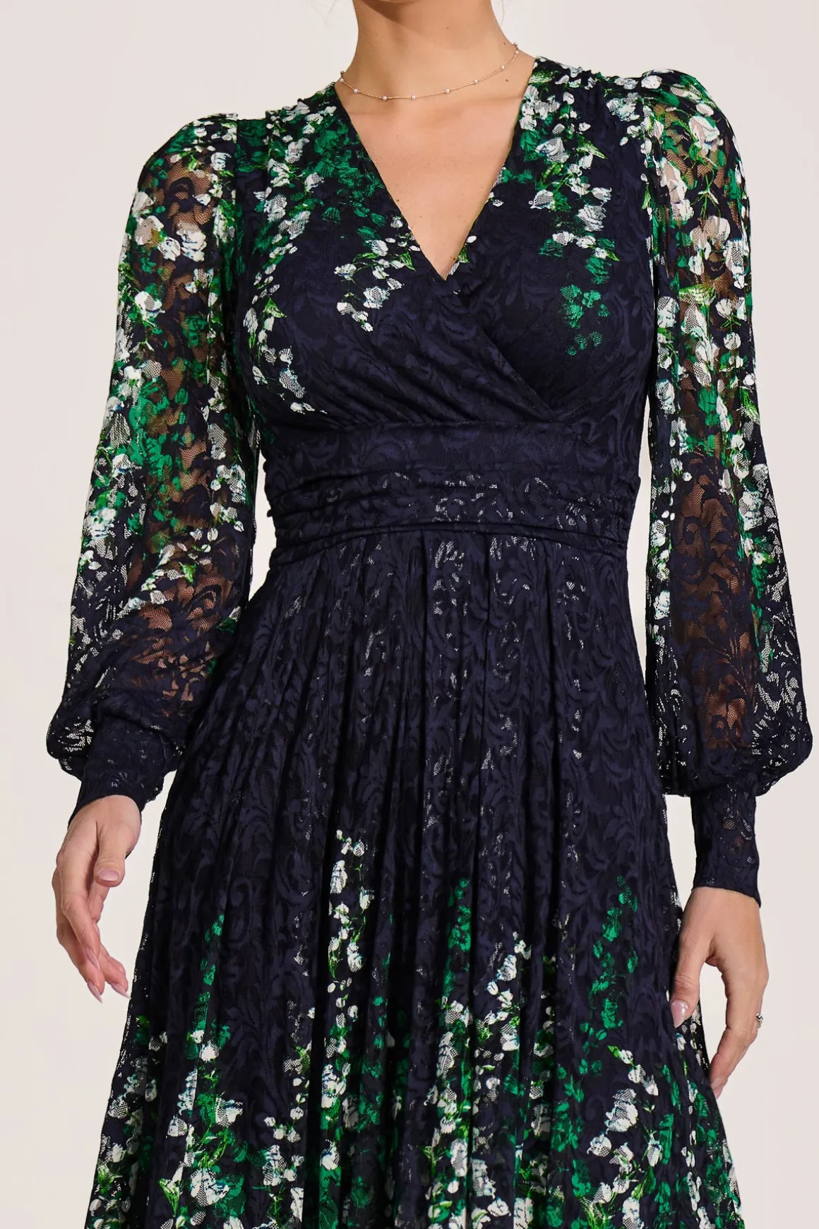 Long Sleeve Printed Lace Midi Dress, Green Multi