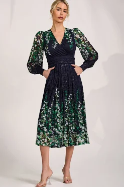 Long Sleeve Printed Lace Midi Dress, Green Multi