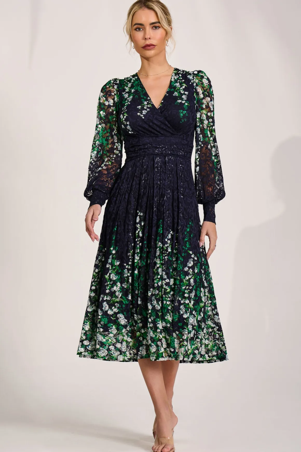 Long Sleeve Printed Lace Midi Dress, Green Multi