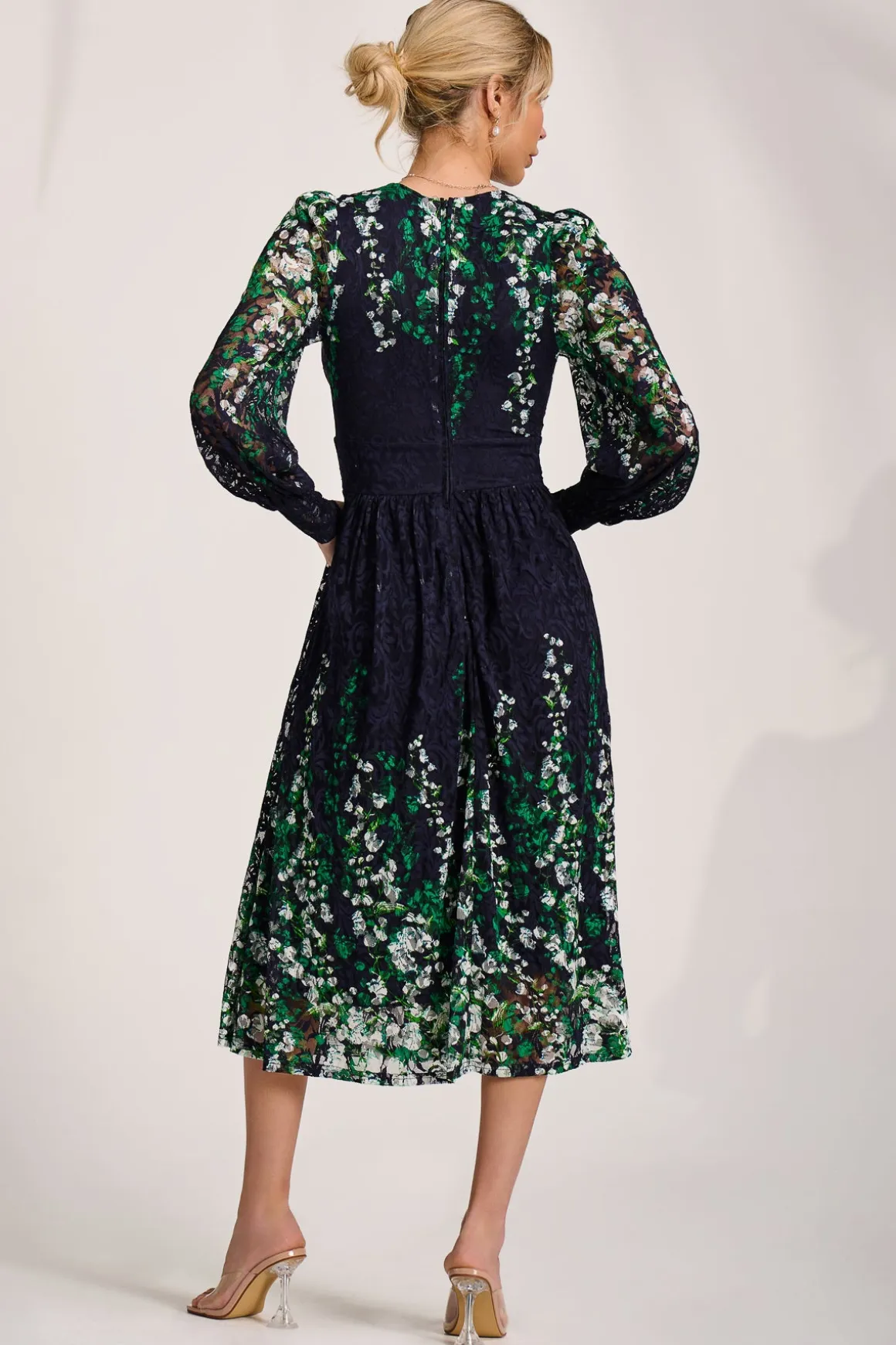 Long Sleeve Printed Lace Midi Dress, Green Multi
