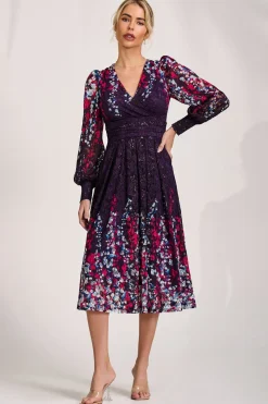 Long Sleeve Printed Lace Midi Dress, Purple Multi