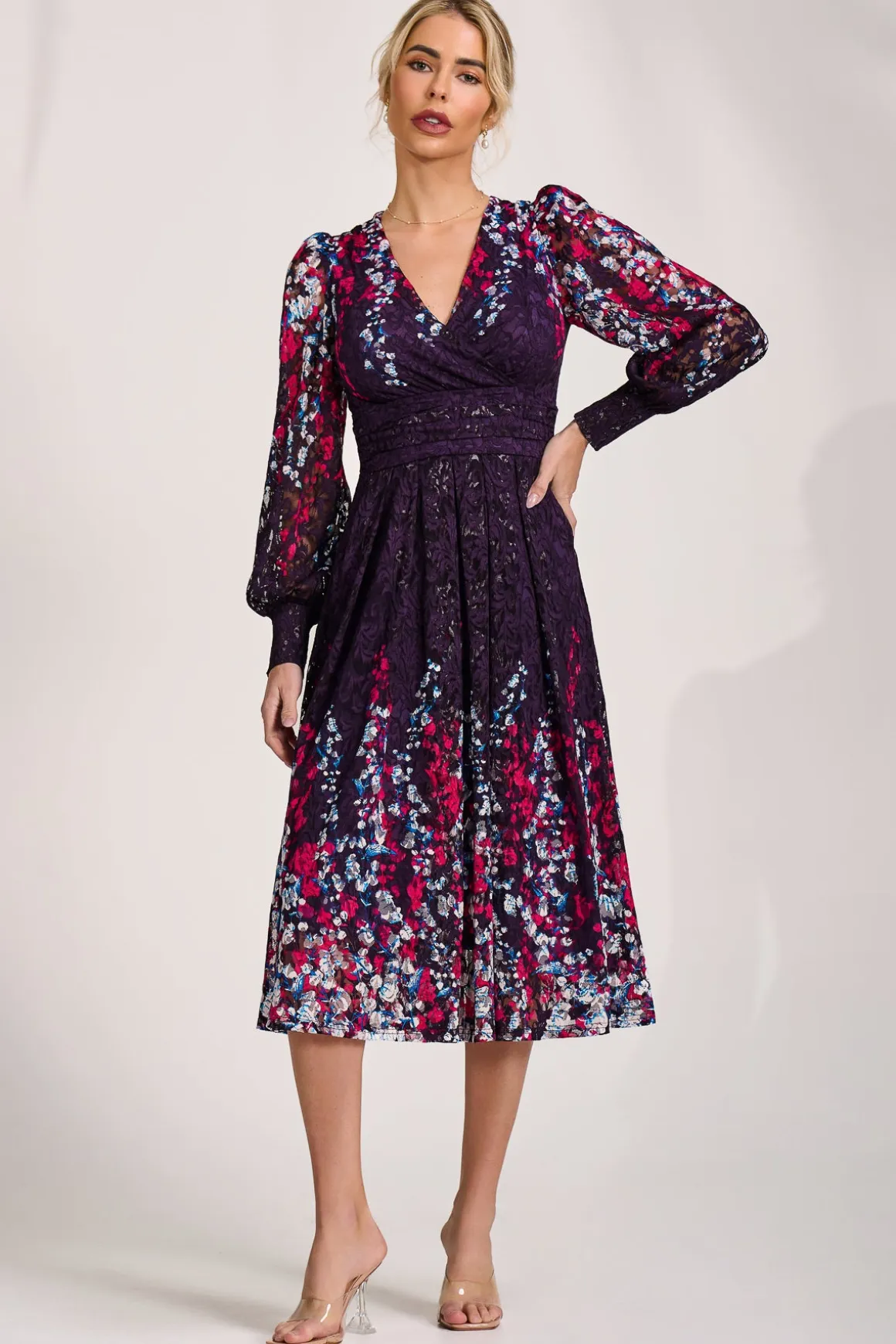 Long Sleeve Printed Lace Midi Dress, Purple Multi