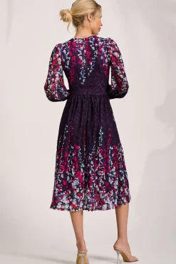 Long Sleeve Printed Lace Midi Dress, Purple Multi