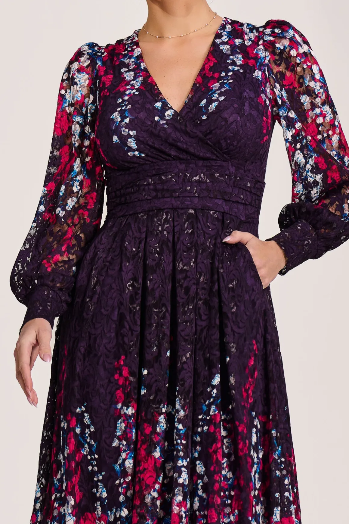 Long Sleeve Printed Lace Midi Dress, Purple Multi
