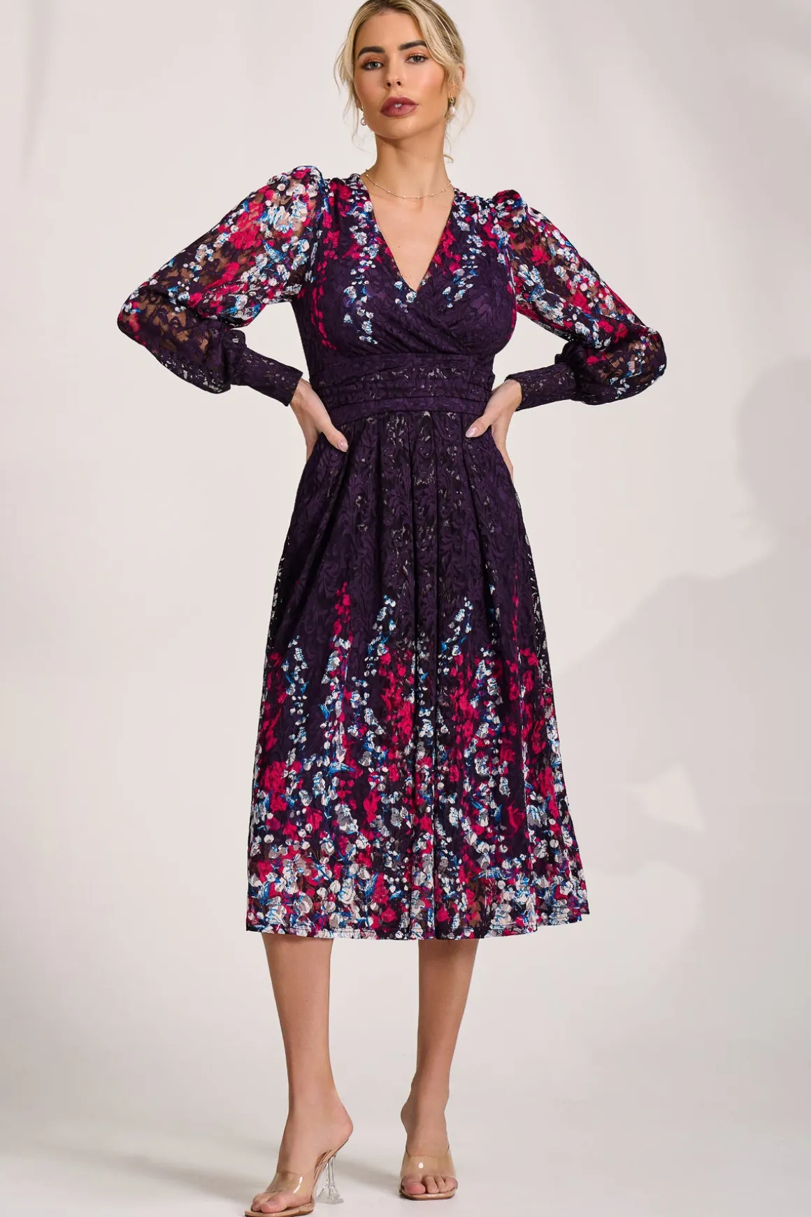 Long Sleeve Printed Lace Midi Dress, Purple Multi