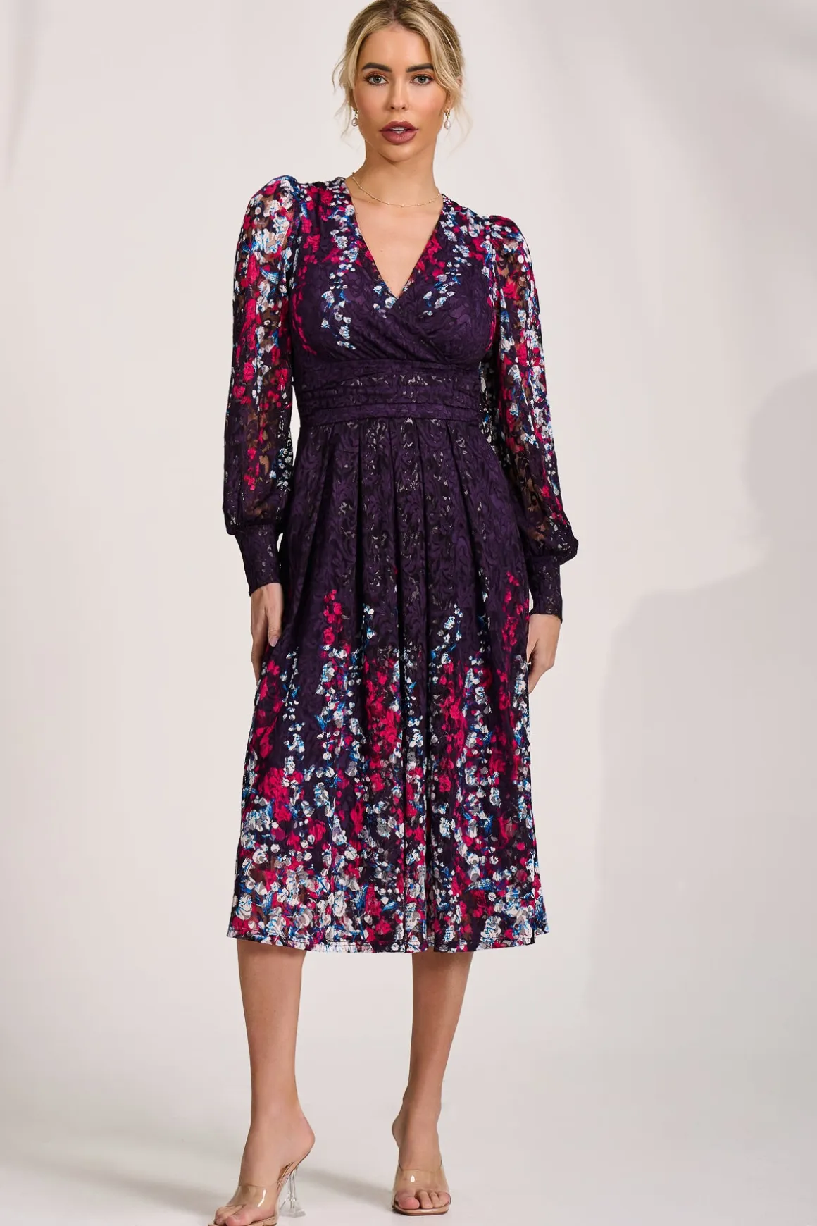 Long Sleeve Printed Lace Midi Dress, Purple Multi