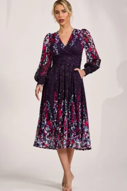 Long Sleeve Printed Lace Midi Dress, Purple Multi