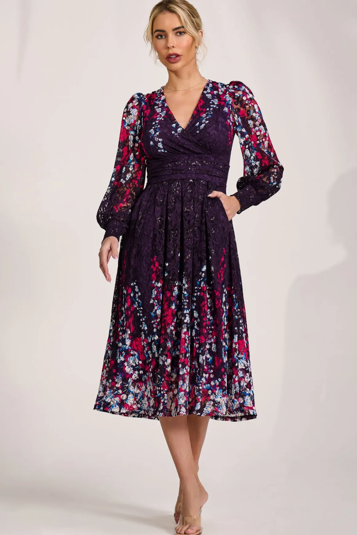 Long Sleeve Printed Lace Midi Dress, Purple Multi