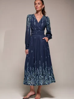 Long Sleeve Printed Mesh Midaxi Dress, Blue Floral