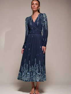 Long Sleeve Printed Mesh Midaxi Dress, Blue Floral