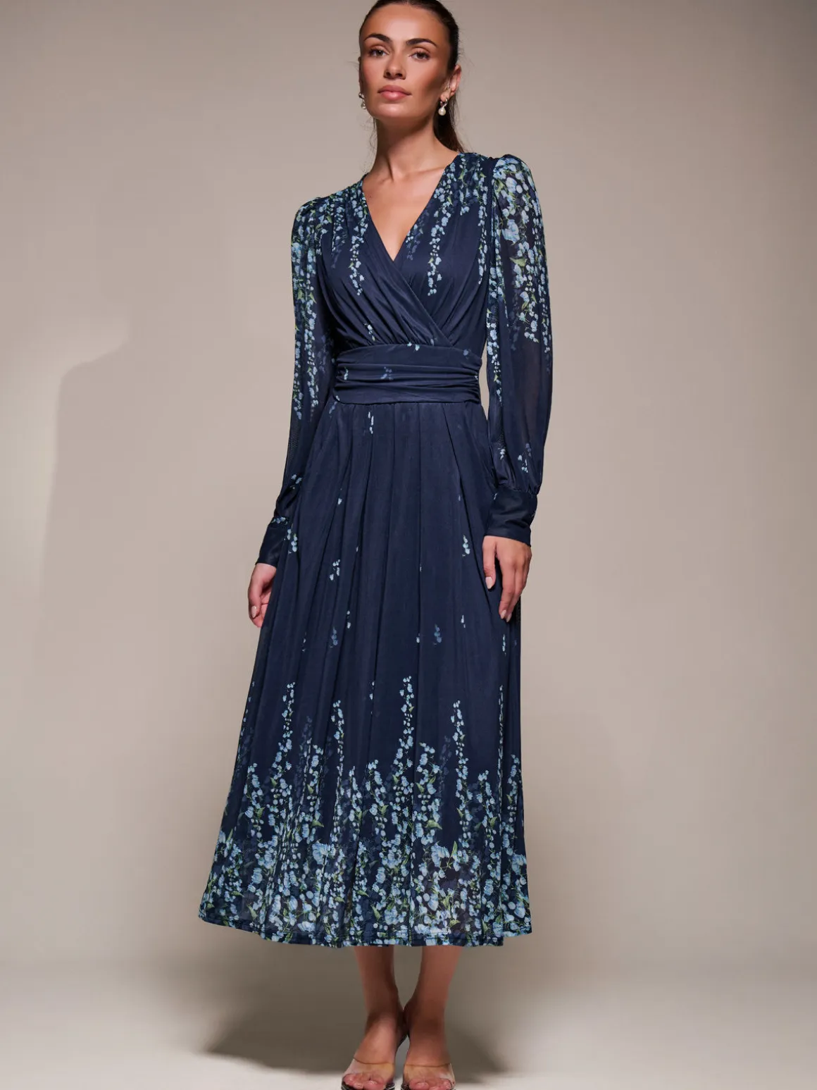 Long Sleeve Printed Mesh Midaxi Dress, Blue Floral