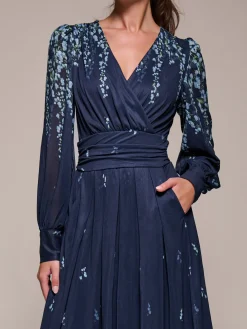 Long Sleeve Printed Mesh Midaxi Dress, Blue Floral