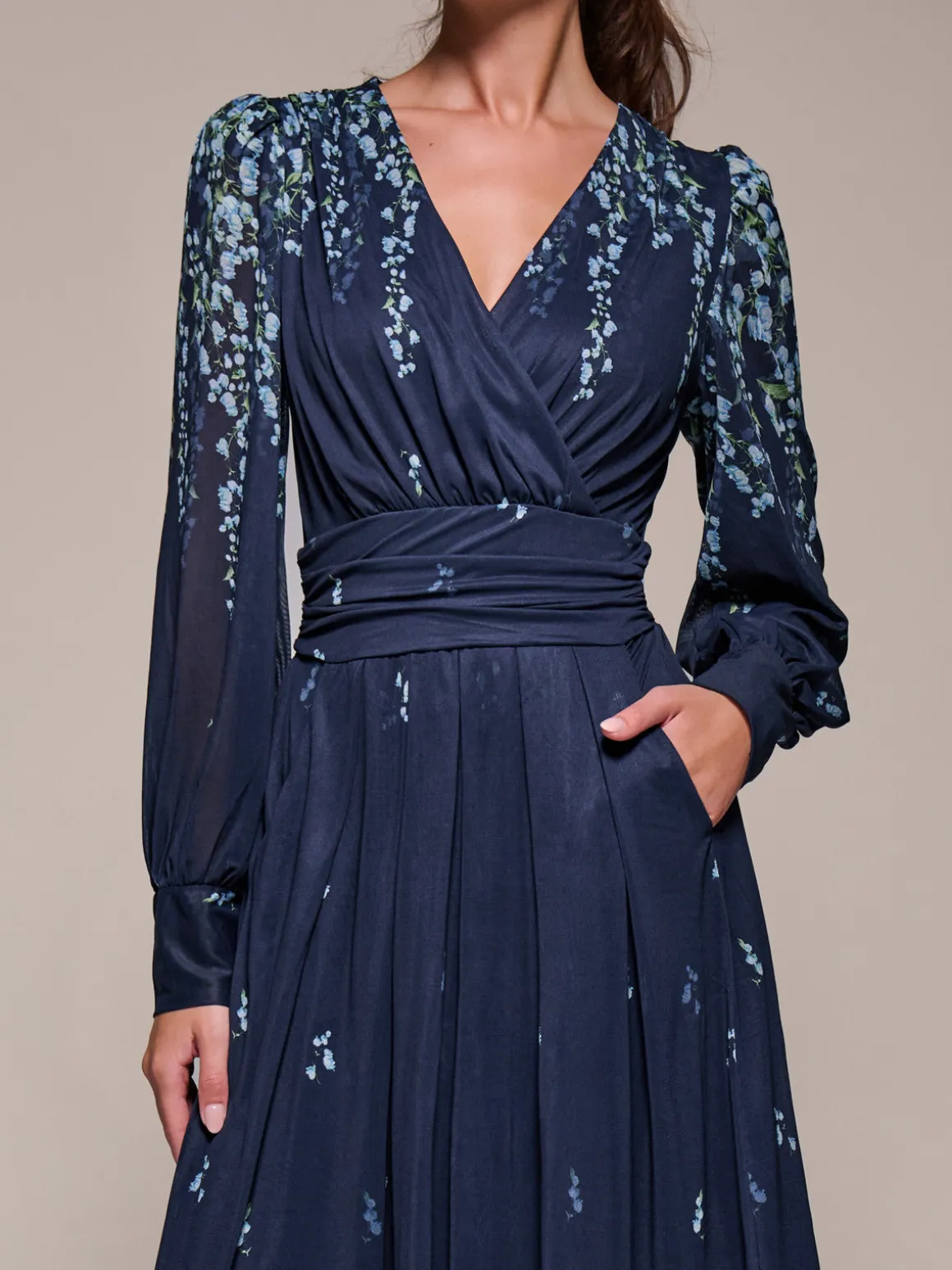 Long Sleeve Printed Mesh Midaxi Dress, Blue Floral