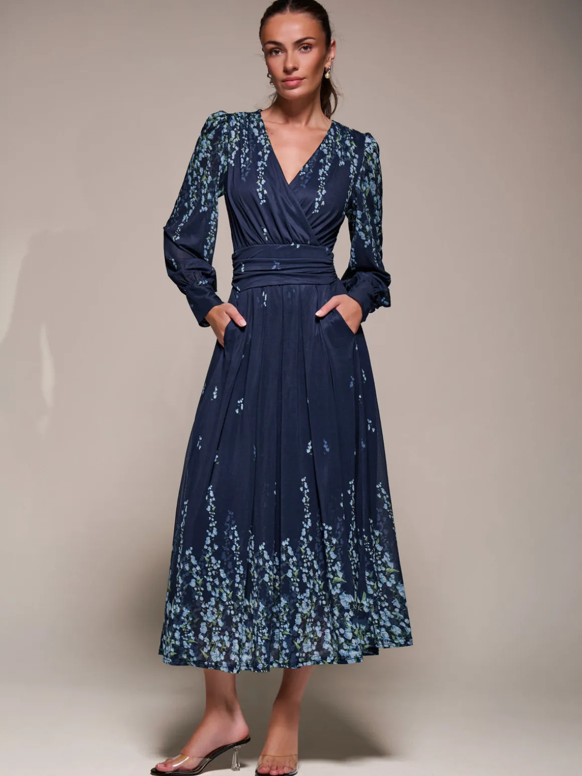 Long Sleeve Printed Mesh Midaxi Dress, Blue Floral