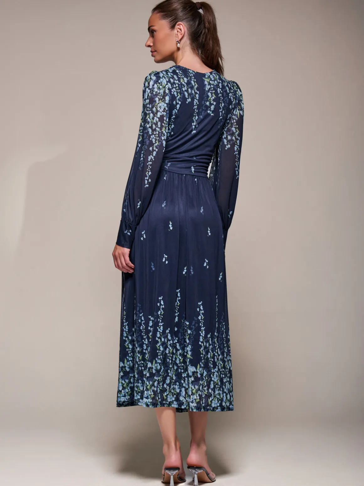 Long Sleeve Printed Mesh Midaxi Dress, Blue Floral
