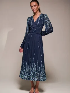 Long Sleeve Printed Mesh Midaxi Dress, Blue Floral