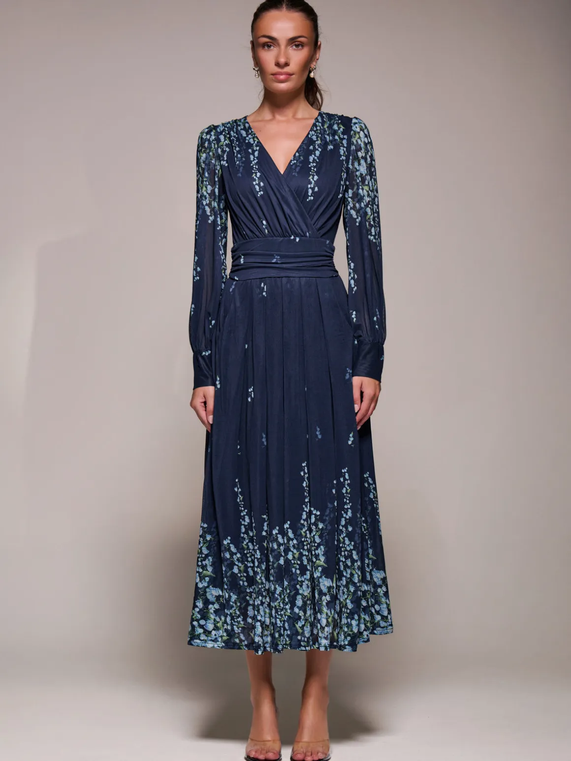 Long Sleeve Printed Mesh Midaxi Dress, Blue Floral