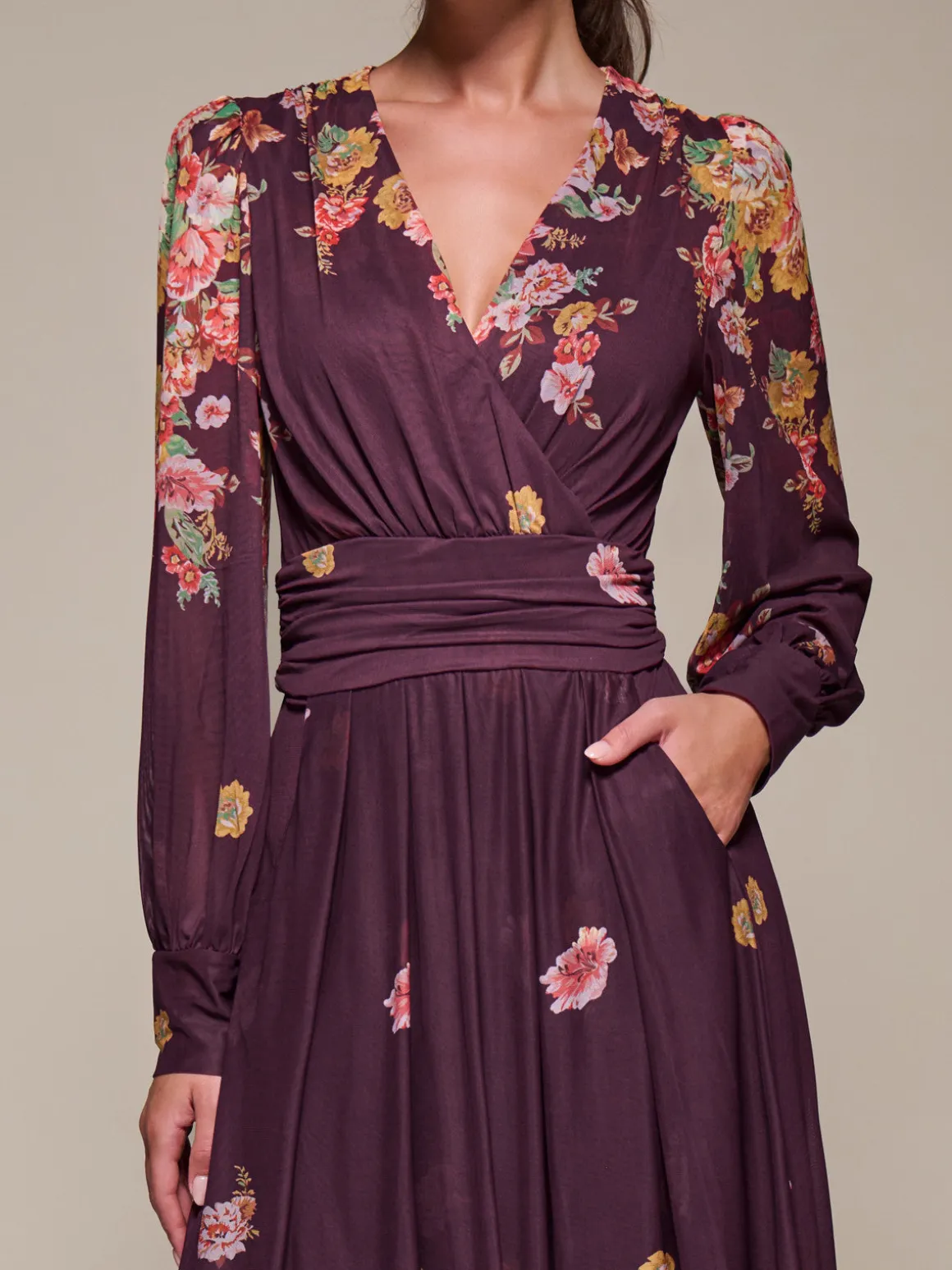 Long Sleeve Printed Mesh Midaxi Dress, Burgundy Floral