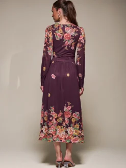 Long Sleeve Printed Mesh Midaxi Dress, Burgundy Floral