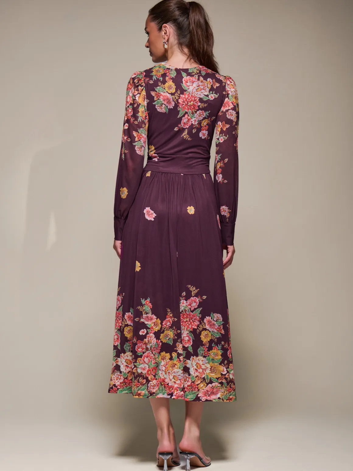 Long Sleeve Printed Mesh Midaxi Dress, Burgundy Floral