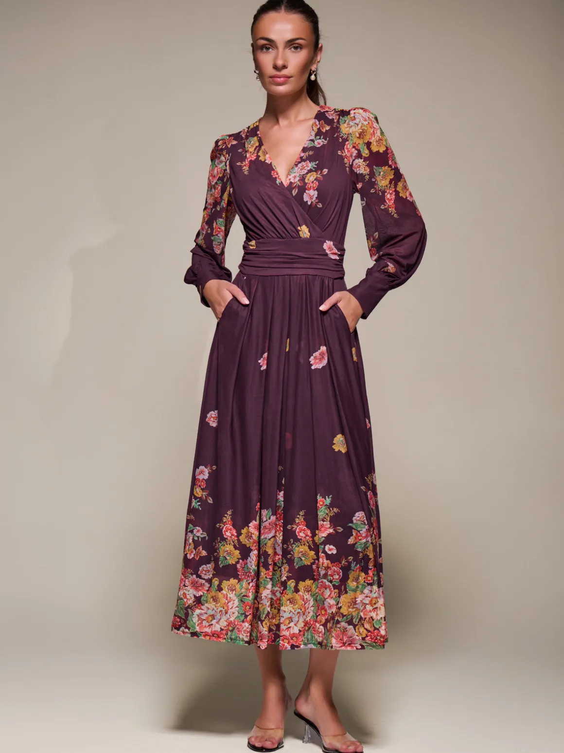 Long Sleeve Printed Mesh Midaxi Dress, Burgundy Floral