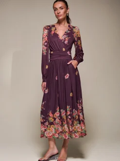 Long Sleeve Printed Mesh Midaxi Dress, Burgundy Floral