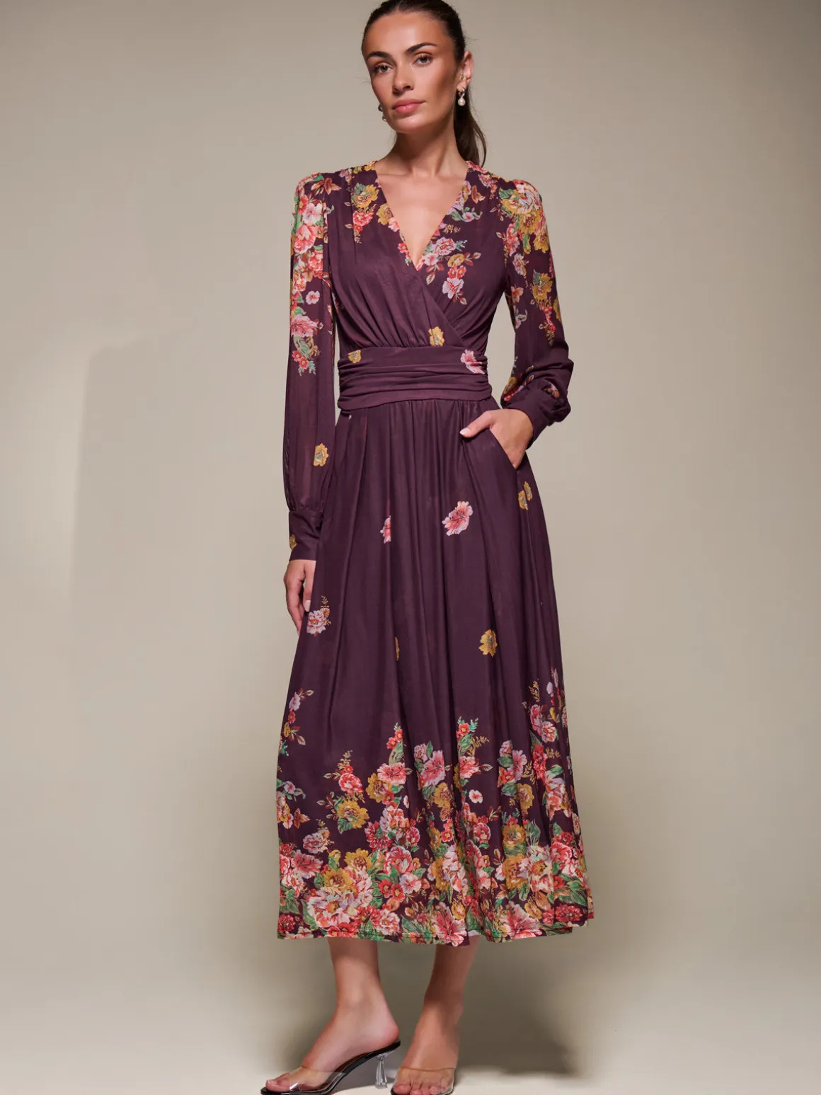 Long Sleeve Printed Mesh Midaxi Dress, Burgundy Floral