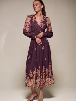 Long Sleeve Printed Mesh Midaxi Dress, Burgundy Floral